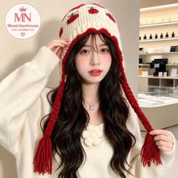Mũ len dệt kim nữ, phong cách thu đông ấm áp, bảo vệ tai khi đi xe đạp 1