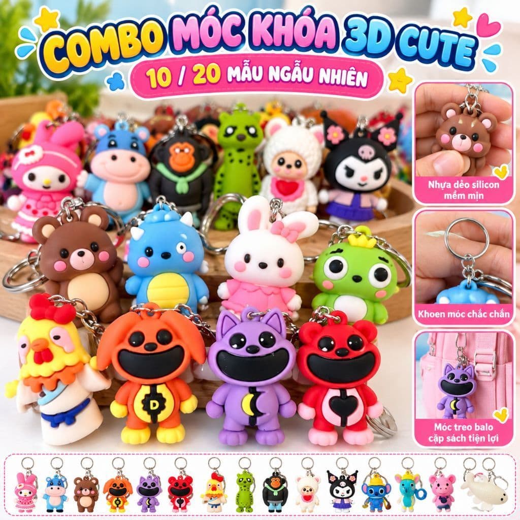 Combo 10/20 Móc Khóa Hoạt Hình 3D Silicon Cute Dễ Thương - Móc Treo Balo Cặp Sách Học Sinh Nhựa Dẻo