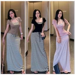 Set áo cặp và chân váy thun dài phối kẻ ngang 1