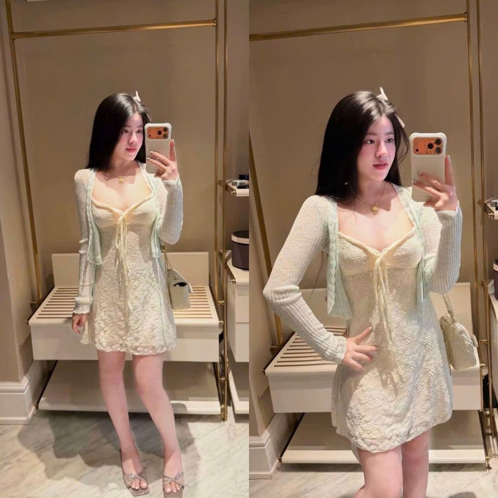Set đầm thiết kế nữ tính chất ren có lót mix áo khoác kèm quần bảo hộ