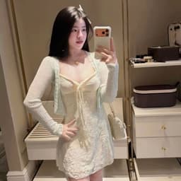 Set đầm thiết kế nữ tính chất ren có lót mix áo khoác kèm quần bảo hộ 3