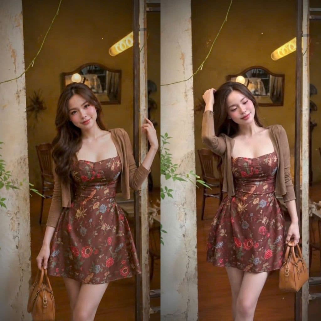 Đầm 2 dây chất lụa hoa có mút ngực phối khoác ngoài cùng màu