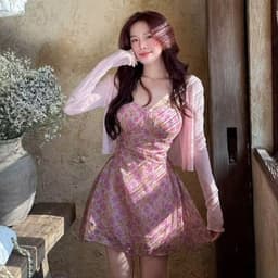 Đầm 2 dây chất lụa hoa có mút ngực phối khoác ngoài cùng màu 5