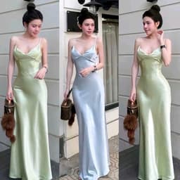 Đầm lụa nữ dáng dài quyến rũ màu xanh ngọt ngào 1