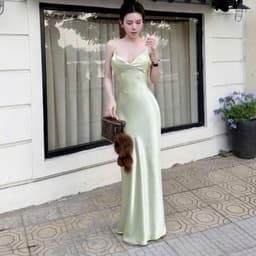 Đầm lụa nữ dáng dài quyến rũ màu xanh ngọt ngào 4