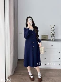 <Đầm bầu Quynhanhhouse> (QC) #8018 Váy thuỷ thủ khuy dọc Free sz đen/ghi/than Bầu bí bon chen 7