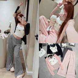 Set thun mặc nhà 3 món đáng yêu quần loe kẻ ngang 1