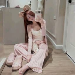Set thun mặc nhà 3 món đáng yêu quần loe kẻ ngang 2