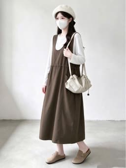 <Đầm bầu Quynhanhhouse> (QC) #2662 Set váy yếm rút eo kèm áo Free sz đen/rêu/nâu Bầu bí bon chen 7
