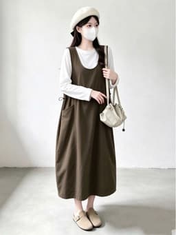 <Đầm bầu Quynhanhhouse> (QC) #2662 Set váy yếm rút eo kèm áo Free sz đen/rêu/nâu Bầu bí bon chen 3