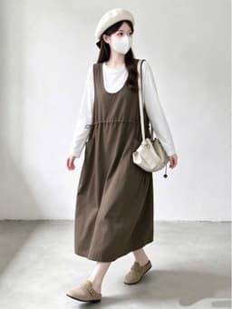 <Đầm bầu Quynhanhhouse> (QC) #2662 Set váy yếm rút eo kèm áo Free sz đen/rêu/nâu Bầu bí bon chen 8