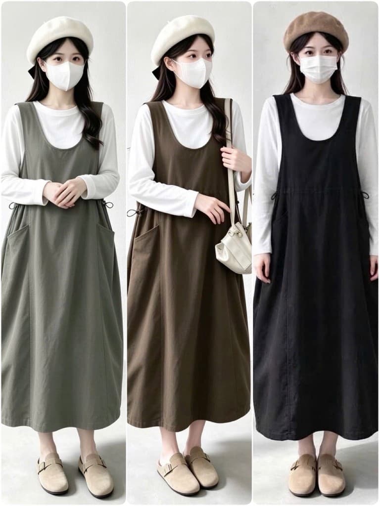 <Đầm bầu Quynhanhhouse> (QC) #2662 Set váy yếm rút eo kèm áo Free sz đen/rêu/nâu Bầu bí bon chen