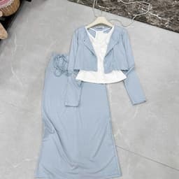 Set áo cặp thun nhún phối khoác và chân váy thun ôm chất bozzip đẹp chuẩn phom 5