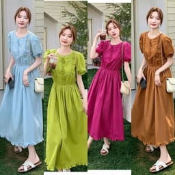 Đầm lụa cổ tròn dáng xoè dài trơn màu basic 1