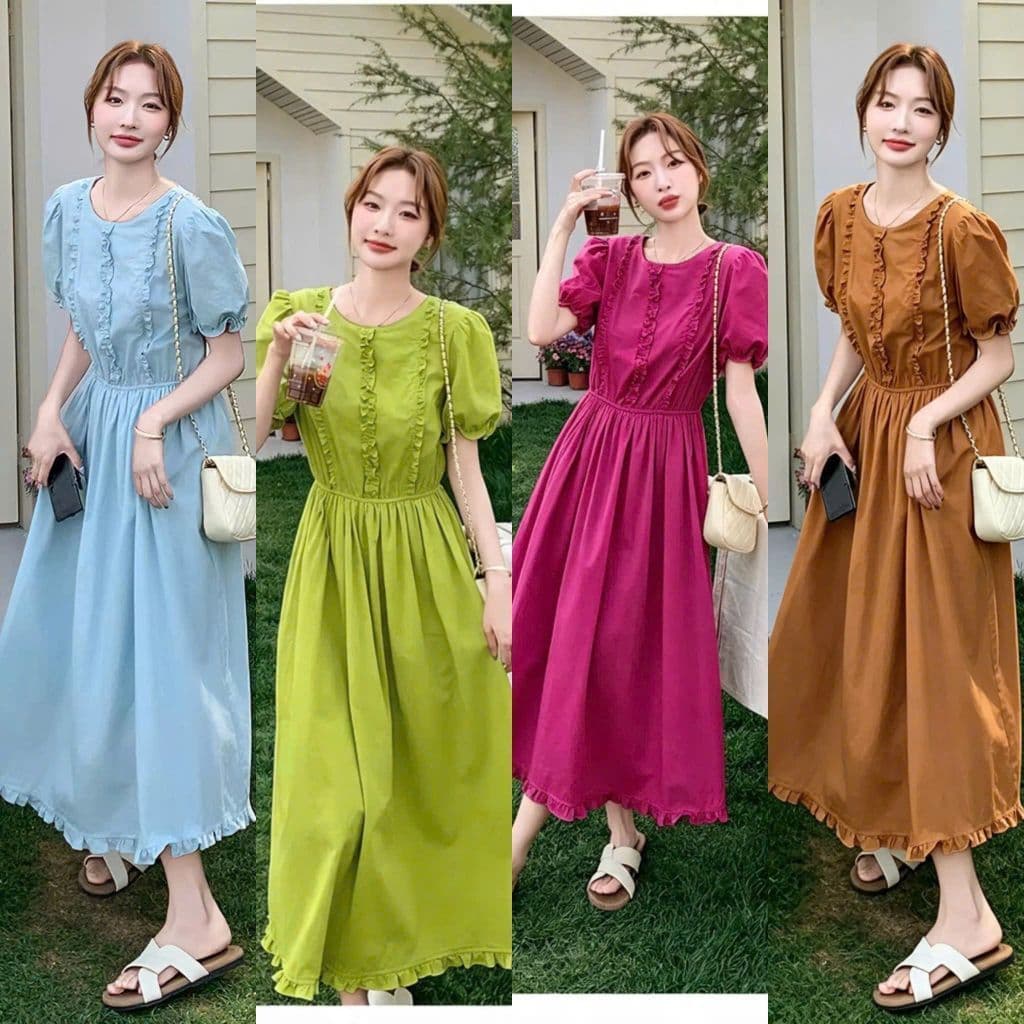 Đầm lụa cổ tròn dáng xoè dài trơn màu basic