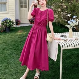 Đầm lụa cổ tròn dáng xoè dài trơn màu basic 6