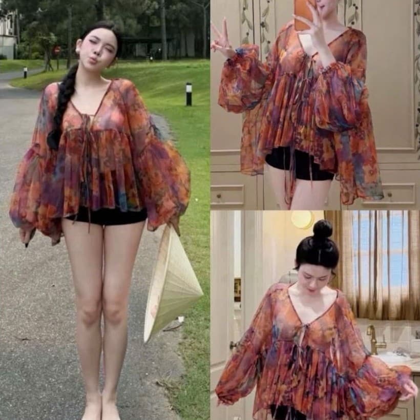 Set áo phom xoè rộng cột nơ và quần short