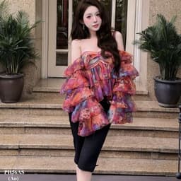 Set áo cúp tay dài xếp tầng phối quần túm 7