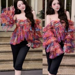 Set áo cúp tay dài xếp tầng phối quần túm 1