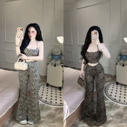 Set bộ thun tăm da beo áo 2 dây phom ôm mix quần ống loe dài 1