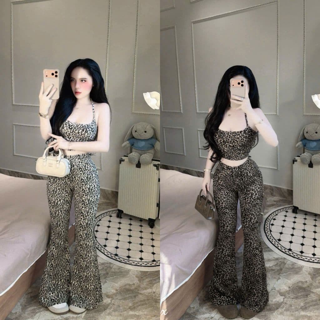 Set bộ thun tăm da beo áo 2 dây phom ôm mix quần ống loe dài