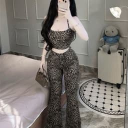 Set bộ thun tăm da beo áo 2 dây phom ôm mix quần ống loe dài 2