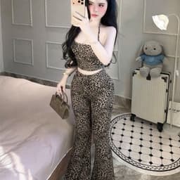 Set bộ thun tăm da beo áo 2 dây phom ôm mix quần ống loe dài 4