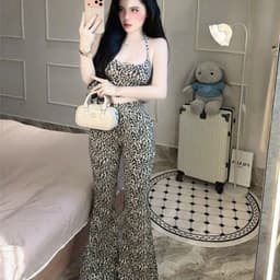 Set bộ thun tăm da beo áo 2 dây phom ôm mix quần ống loe dài 6