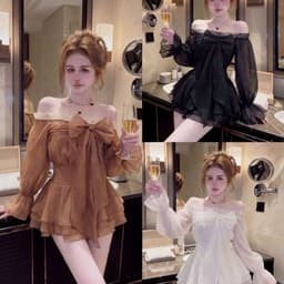 Set áo tơ trễ vai viền ren kết nơ và chân váy xếp tầng có lót 1