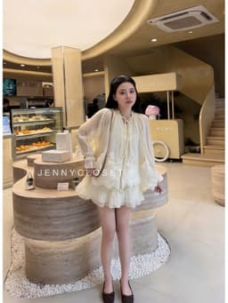 Set 2 món | Áo sơ mi nữ cổ tròn buộc nơ tay dài loe pha ren cao cấp dáng babydoll + Chân váy xoè tầng - thời trang nữ 5