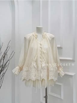 Set 2 món | Áo sơ mi nữ cổ tròn buộc nơ tay dài loe pha ren cao cấp dáng babydoll + Chân váy xoè tầng - thời trang nữ 9