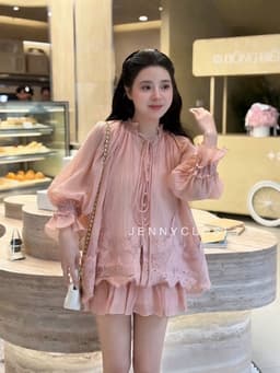 Set 2 món | Áo sơ mi nữ cổ tròn buộc nơ tay dài loe pha ren cao cấp dáng babydoll + Chân váy xoè tầng - thời trang nữ 4