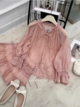 Set 2 món | Áo sơ mi nữ cổ tròn buộc nơ tay dài loe pha ren cao cấp dáng babydoll + Chân váy xoè tầng - thời trang nữ 8