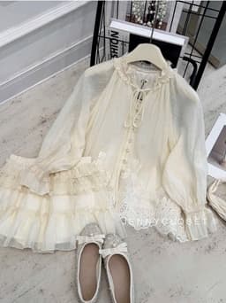 Set 2 món | Áo sơ mi nữ cổ tròn buộc nơ tay dài loe pha ren cao cấp dáng babydoll + Chân váy xoè tầng - thời trang nữ 10