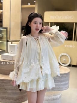 Set 2 món | Áo sơ mi nữ cổ tròn buộc nơ tay dài loe pha ren cao cấp dáng babydoll + Chân váy xoè tầng - thời trang nữ 2