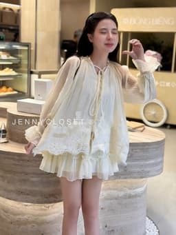 Set 2 món | Áo sơ mi nữ cổ tròn buộc nơ tay dài loe pha ren cao cấp dáng babydoll + Chân váy xoè tầng - thời trang nữ 6