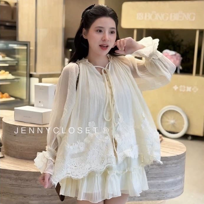 Set 2 món | Áo sơ mi nữ cổ tròn buộc nơ tay dài loe pha ren cao cấp dáng babydoll + Chân váy xoè tầng - thời trang nữ