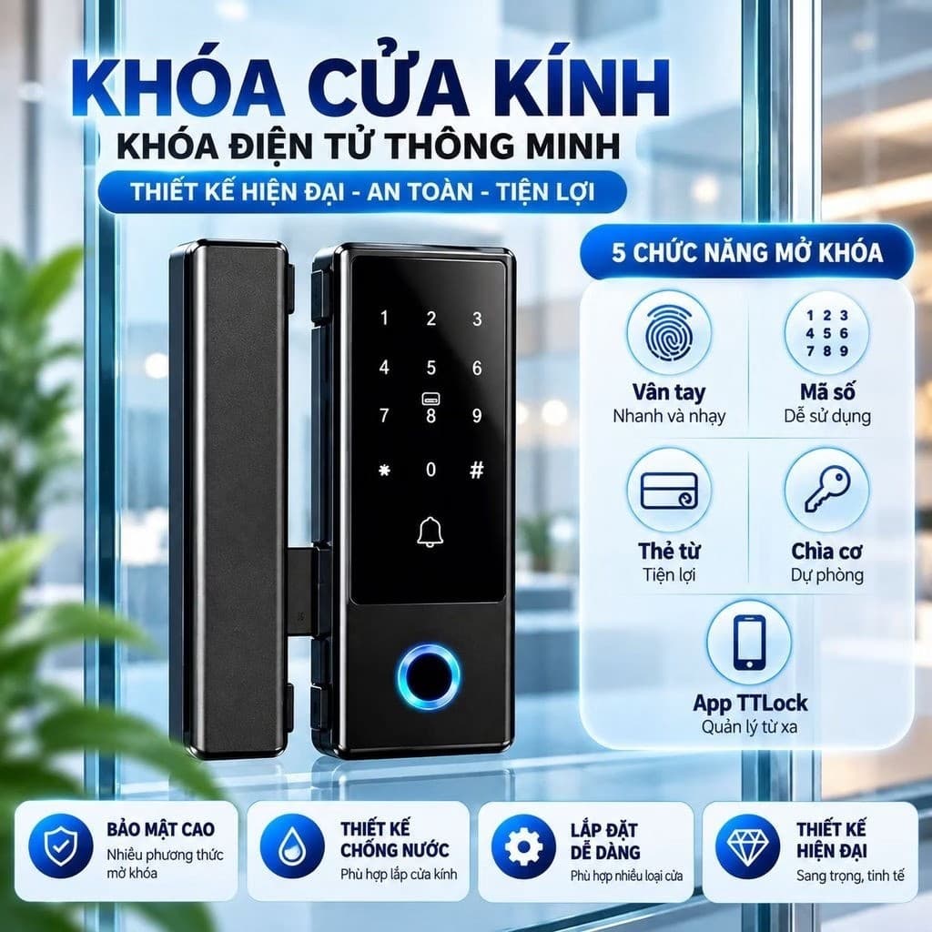 Khóa điện tử Vân Tay Cửa Kính bản lề sàn mở và lùa vân tay mã số thẻ từ có app ttlock thông minh quản lí lịch sử ra vào