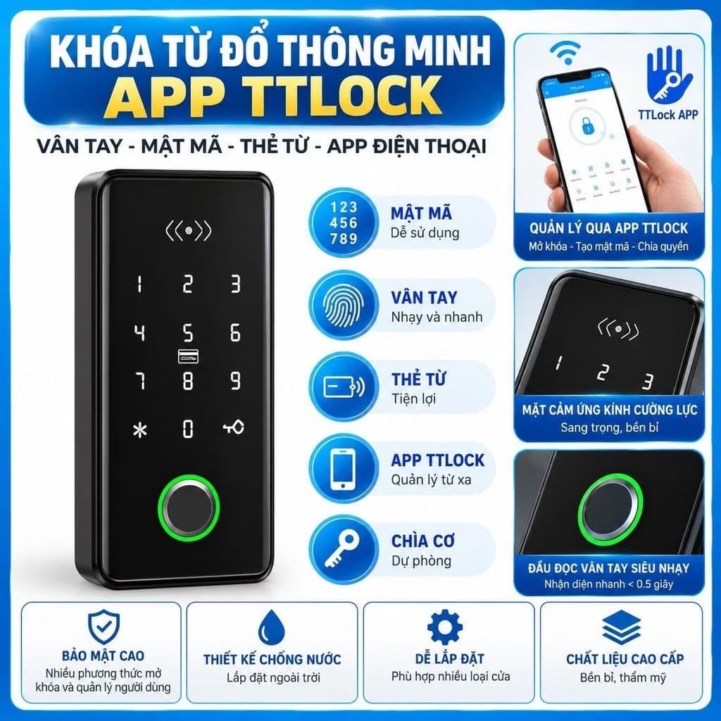 Khóa điện tử vân tay mã số thẻ từ cửa tủ thông minh điều khiển qua ứng dụng Ttlock, an toàn và tiện lợi.