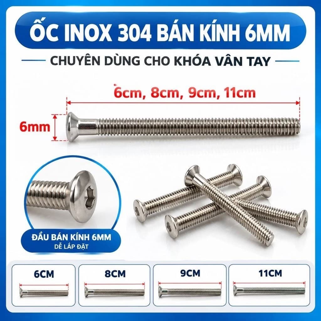 Ốc Inox 304 bán kính 6mm chuyên dụng cho việc chống vân tay hiệu quả. 	Ốc 11cm 9cm 8cm 6cm