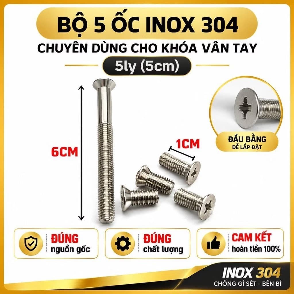 "Bộ 5 Bulong ốc vít inox 304 cao cấp cho cơ khí, chất lượng bền bỉ cho khóa điện tử "