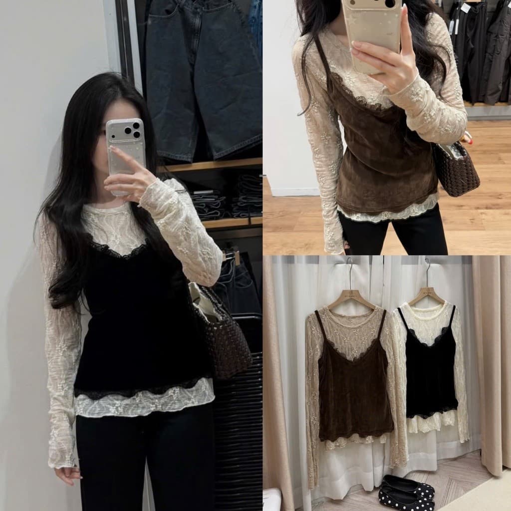 [Hàng Chuẩn L1] Set áo ren thêu hoa mỏng kèm áo yếm 2 dây nhung viền ren Maya Top - A6804