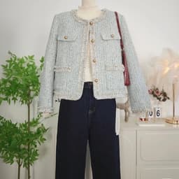 (CHIC SEOUL) Áo khoác dạ tweet viền tua rua 2 màu hồng nhạt và xanh xám phong cách Nertro HQ (ảnh thật là 2 ảnh cuối) 3