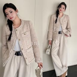 (CHIC SEOUL) Áo khoác dạ tweet viền tua rua 2 màu hồng nhạt và xanh xám phong cách Nertro HQ (ảnh thật là 2 ảnh cuối) 1
