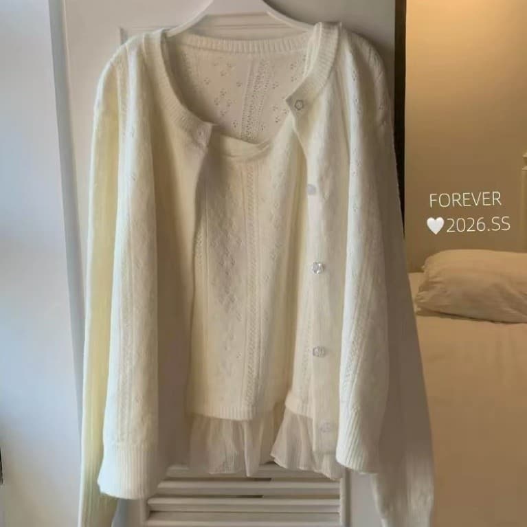 (CHIC SEOUL) Set áo khoác len ren cardigran phối voan màu kem xinh xắn phong cách Nertro HQ (ảnh thật là 3 ảnh cuối)