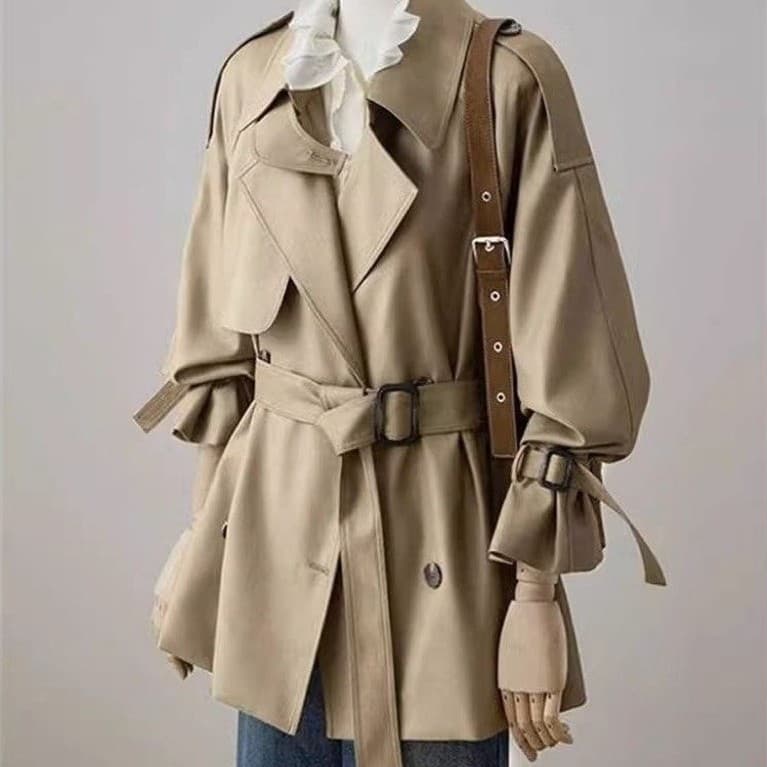 (CHIC SEOUL) Khoác mangto kaki lửng 2 lớp màu nâu trà xinh xắn phong cách Nertro Hàn Quốc (ảnh thật là 2 ảnh cuối)
