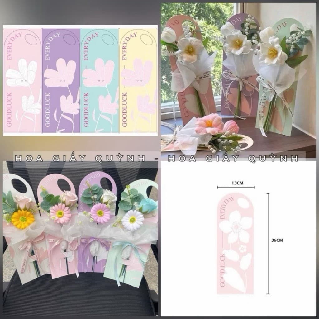 Xấp 10 cái bìa giấy cứng dùng để gắn hoa, bìa thiệp giấy cài hoa có quai cầm cực xinh xắn, cực thơ (không kèm hoa)