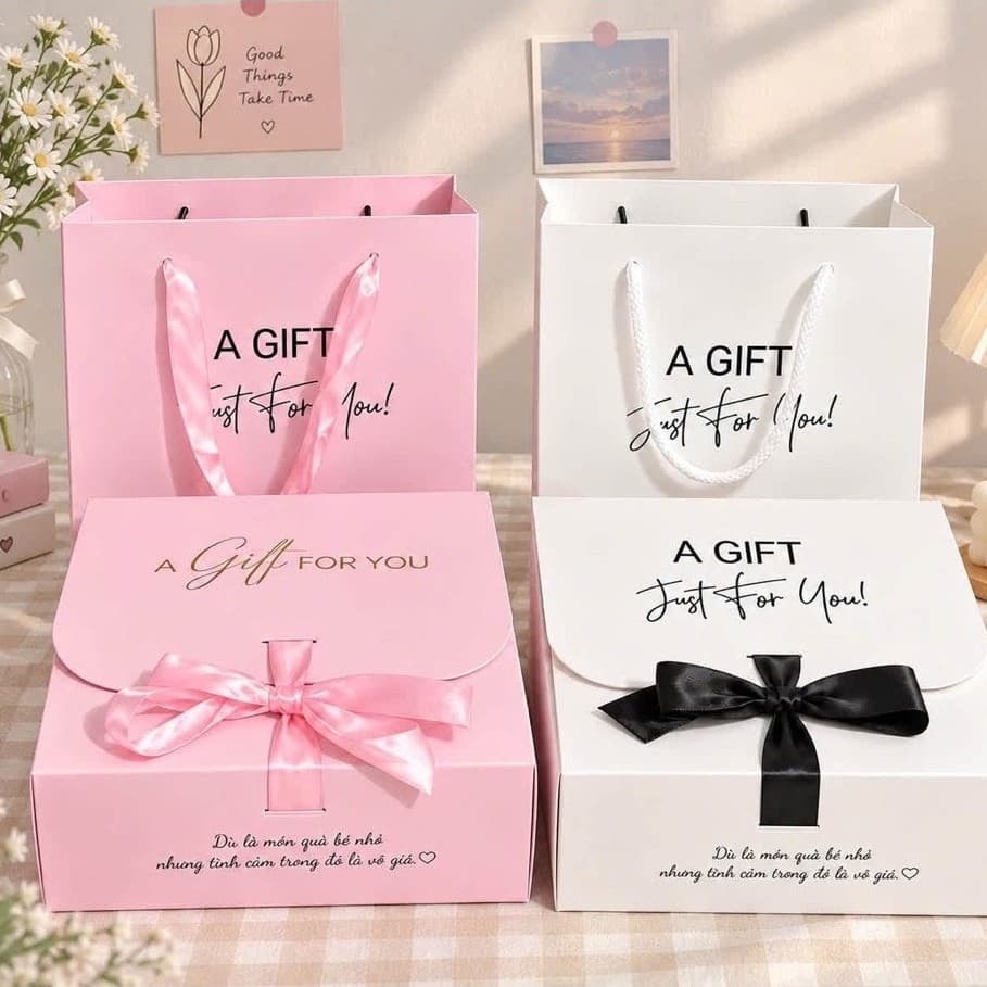 [TẶNG THIỆP+Hoa]Hộp Đựng Quà Màu Hồng Cao Cấp, Dạng Kéo Kèm Nơ Sang Trọng, Đựng Son, Nước Hoa, Túi Xách