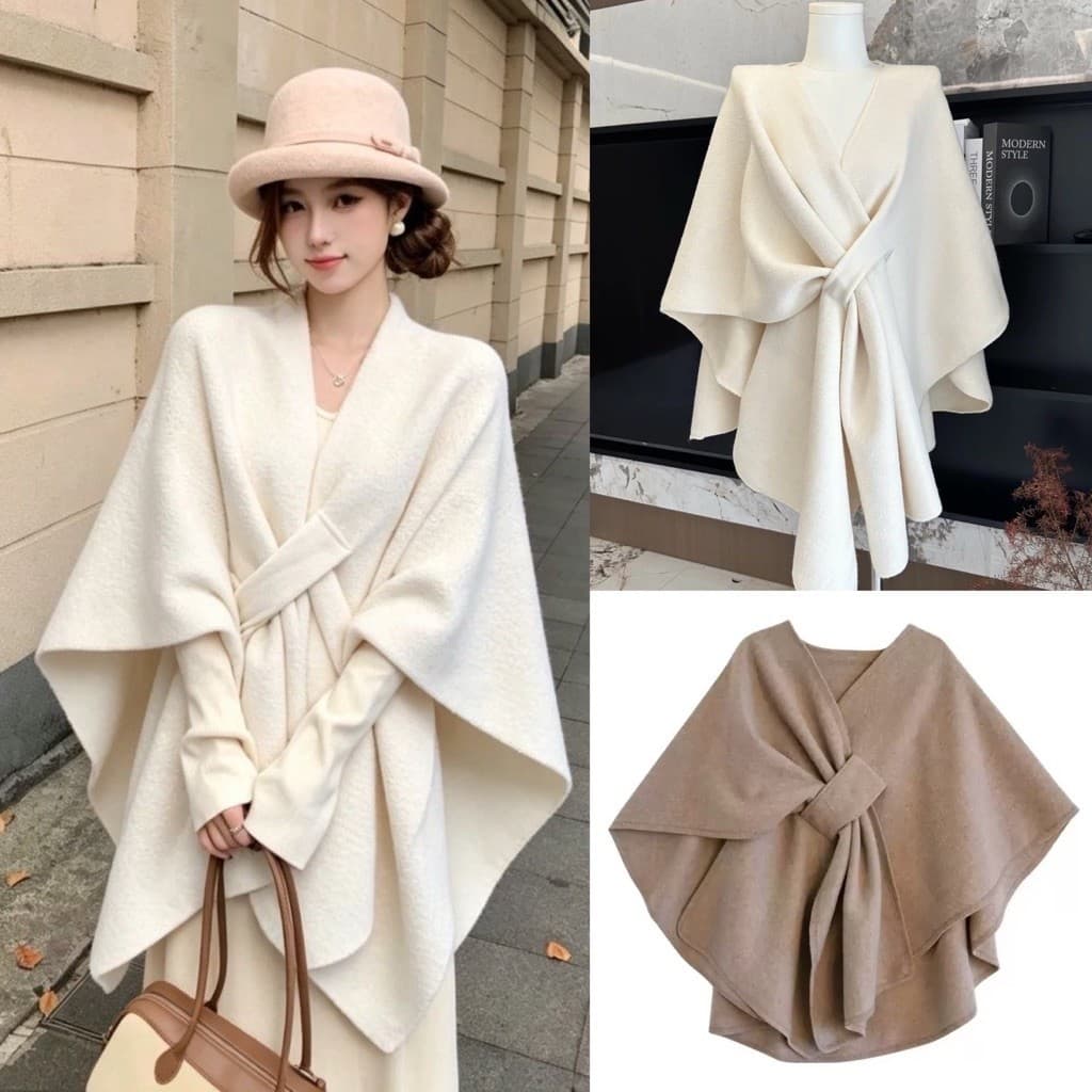 (CHIC SEOUL) Áo khoác khăn len dạ đai cài 3 màu nâu đậm/nâu xám/trắng phong cách Nertro HQ (ảnh thật là 2 ảnh cuối)