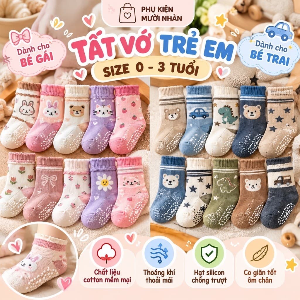 Combo 5/10 Đôi Tất Tập Đi, Vớ Chống Trơn Trượt Có Cao Su Bé Trai Gái Từ 0-3Tuổi
